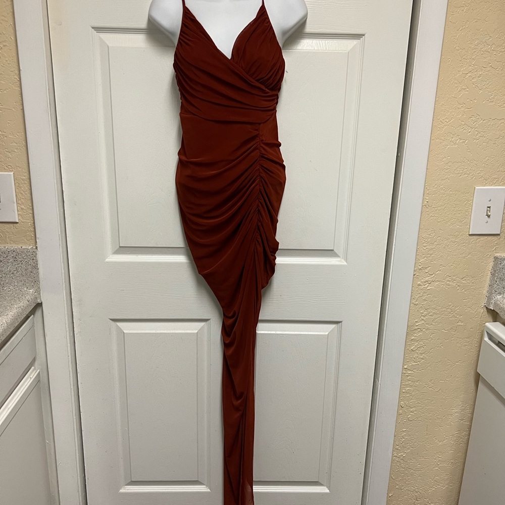 Spring Haze Rust Sheer Ruched Asymmetrical Maxi Dress - Picture 9 of 12
